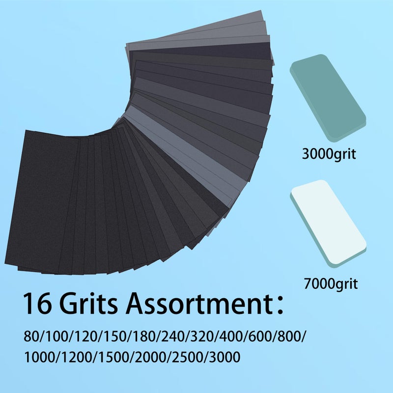 VRKET 3-in-1 Wet Dry Sandpaper Set 48 Sheets of 80 to 3000 Grit Sand Paper 1 Sandpaper Holder and 2 Sponges Sanding Block for Wood Furniture Finishing Metal Automotive Sanding Polish - Image 2